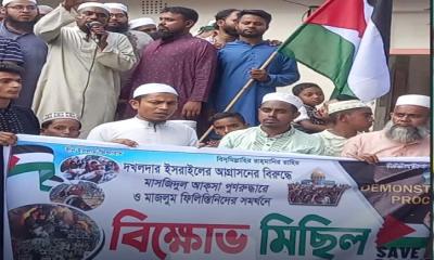 দখলদার ইসরায়েলি আগ্রাসনের বিরুদ্ধে মুকসুদপুরে বিক্ষোভ মিছিল