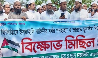 ইসরাইলি বাহিনীর গণহত্যা ও ভারতে মুসলমানদের উপর নির্যাতনের প্রতিবাদে মোল্লাহাটে বিক্ষোভ মিছিল