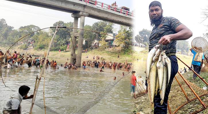 বড়াল নদীতে মাছ ধরতে শত শত মৎস্য শিকারি