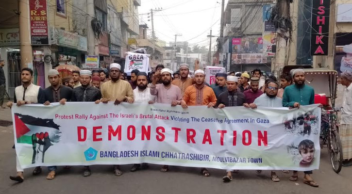 গাজায় ইসরায়েলের গণহত্যার প্রতিবাদে মৌলভীবাজার ও শ্রীমঙ্গলে বিক্ষোভ মিছিল