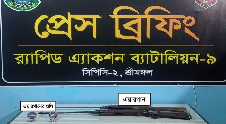 মৌলভীবাজারে র‌্যাবের অভিযানে ১১০টি গুলিসহ দুইটি এয়ারগান উদ্ধার