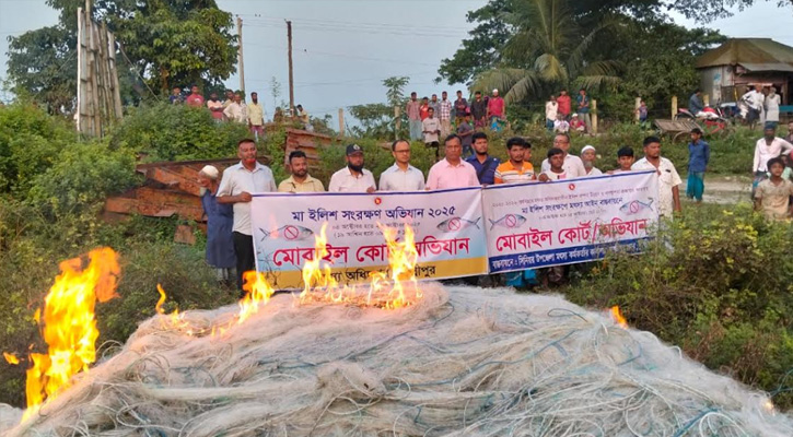 লক্ষ্মীপুরের মেঘনায় অভিযানে ৪০ লাখ টাকার কারেন্ট জাল ও ইলিশ জব্দ