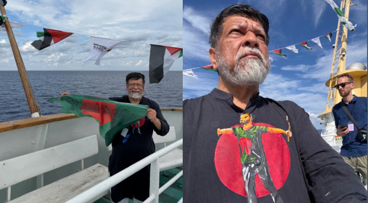 বুকে আবু সাঈদের ছবি, হাতে লাল-সবুজ পতাকা—গাজার পথে শহিদুল আলম