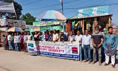 সাংবাদিক খোকন চৌধুরীকে প্রাণনাশের হুমকির প্রতিবাদে দাউদকান্দিতে মানববন্ধন