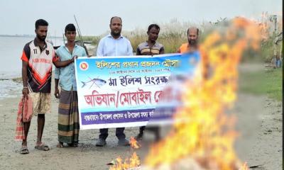 চরভদ্রাসনে মা ইলিশ রক্ষা অভিযানে কারেন্ট জাল ও ইলিশ জব্দ