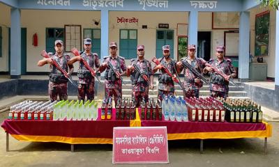 ঝিনাইগাতী সীমান্তে বিজিবির অভিযানে ৩২১ বোতল ভারতীয় মদ জব্দ