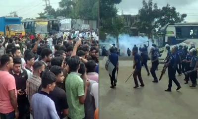 শ্রীপুরে শ্রমিকদের মহাসড়ক অবরোধ, পুলিশের সাউন্ড গ্রেনেড নিক্ষেপ