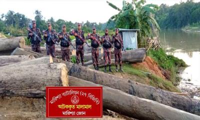 বাঘাইছড়িতে বিজিবির অভিযানে কাচালং নদী থেকে অবৈধ কাঠ জব্দ