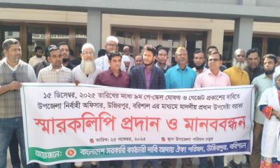 উজিরপুরে ৯ম পে-স্কেল বাস্তবায়নের দাবিতে সরকারি কর্মচারীদের মানববন্ধন