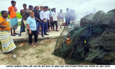 বড়াইগ্রামে চায়না রিং জাল পুড়িয়ে ধ্বংস