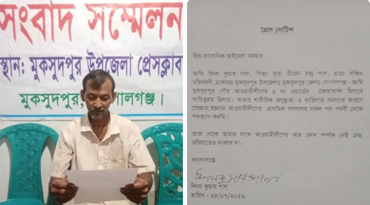 মুকসুদপুরে আওয়ামী লীগ নেতার পদত্যাগ
